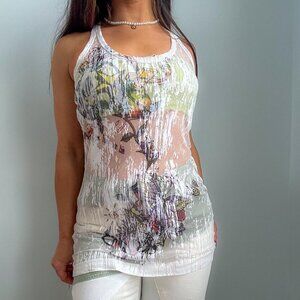 Y2K Vintage Miss Sixty Sheer Mesh Graphic Top, Printed Downton Girl Tank Top (M)